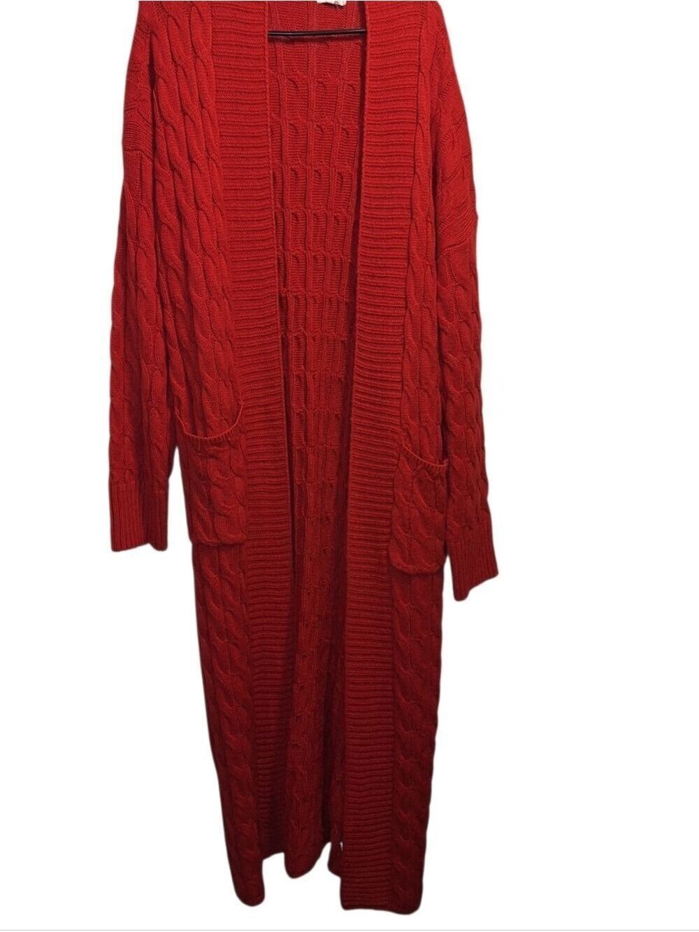 Long Red Cable-Knit Open Cardigan Sweater Duster  Large